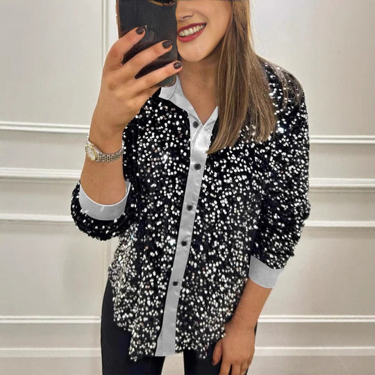 Damen Glitzernde Bluse aus Pailletten mit klassischem Kragen EB