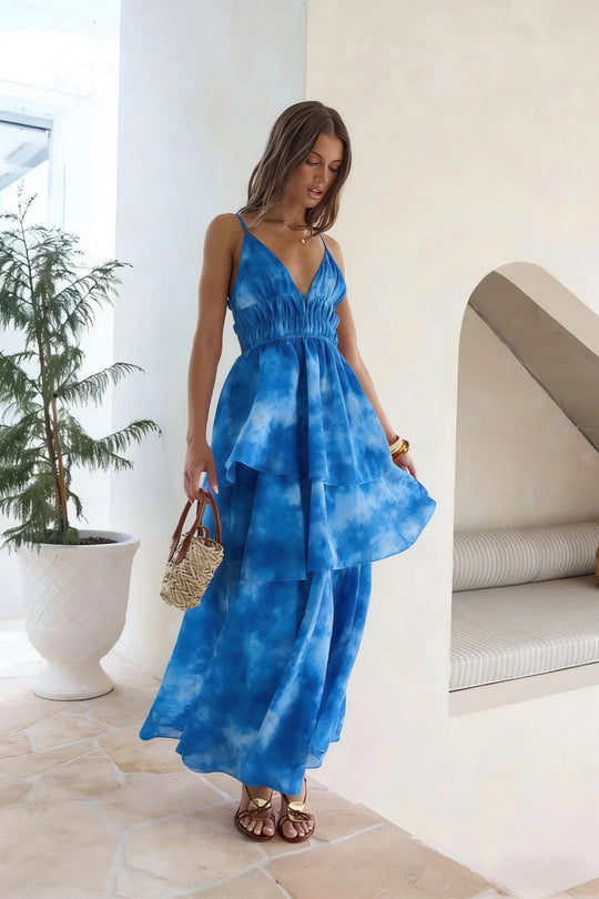 Damen Maxikleid mit voluminösen Rüschenschichten und V-Ausschnitt EB