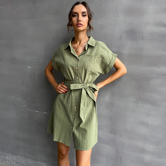 Damen Hemdblusenkleid mit Taillengürtel und Kurzarm EB