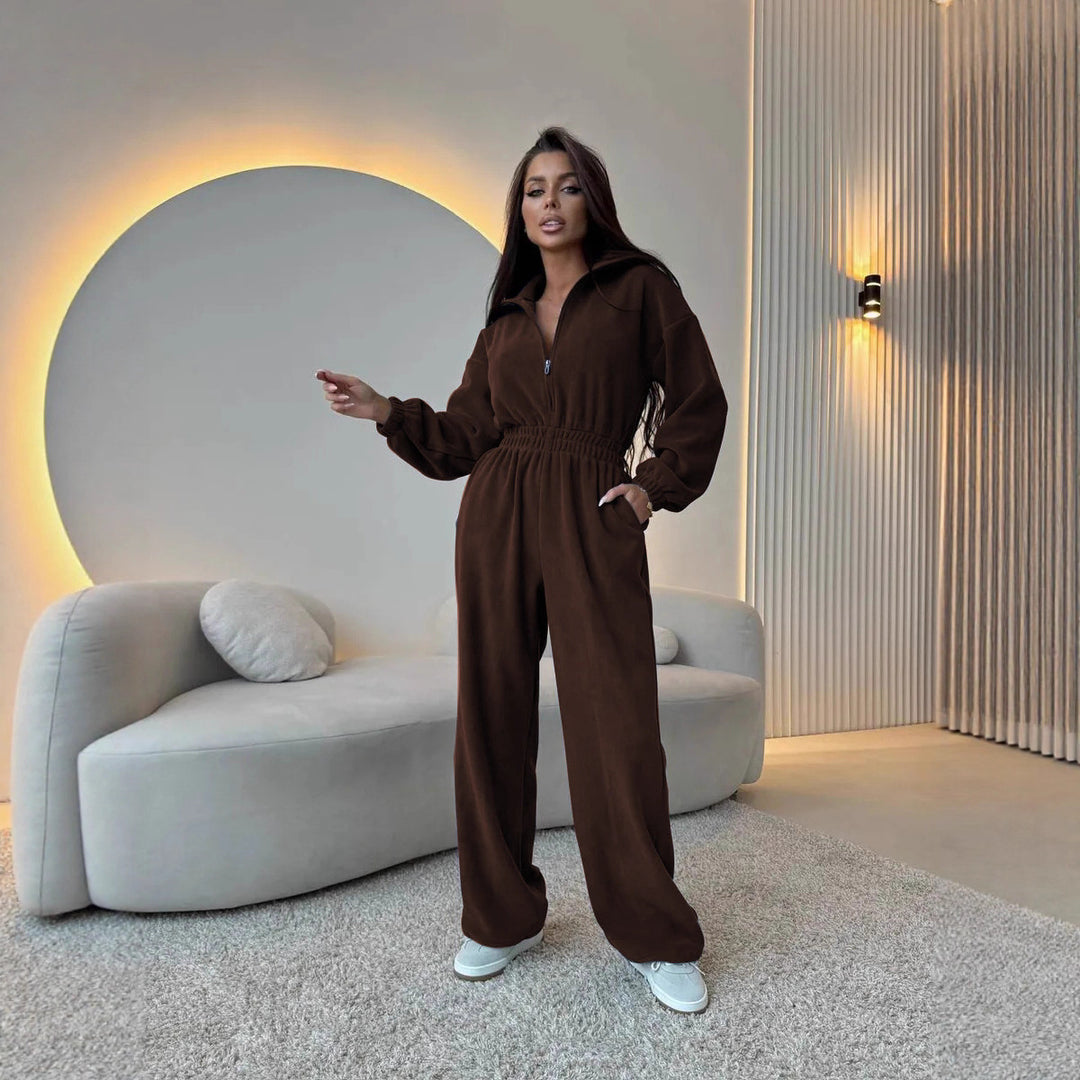 Damen eleganter Lounge-Overall mit elastischer Taillenpartie, Stehkragen, Reißverschluss und weitem Bein Eichborn Berlin