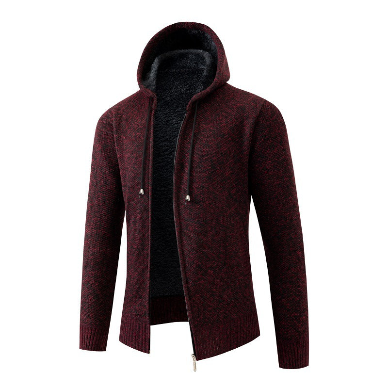Herren nan melierte Strickzip-Kapuzenjacke mit wärmendem Teddyfutter, verdecktem Zwei-Wege-Reißverschluss und elastischen Bündchen EB