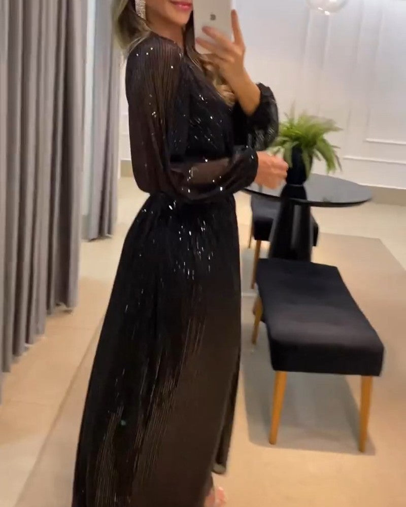 Damen elegantes Maxikleid mit glitzernden Details und raffiniertem V-Ausschnitt EB