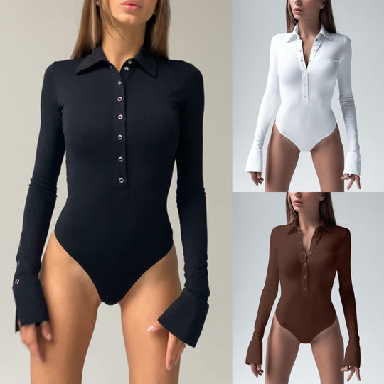Damen eleganter Langarm-Bodysuit mit Knopfleiste und modischen Details EB