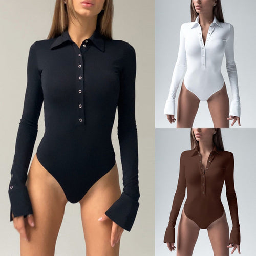 Damen eleganter Langarm-Bodysuit mit Knopfleiste und modischen Details EB