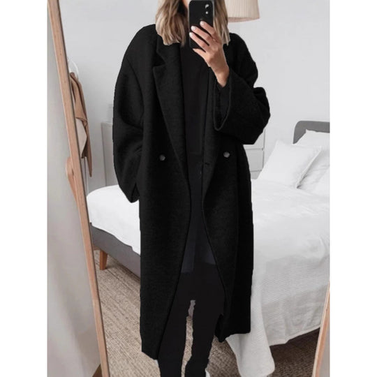 Damen Oversized Wolle-Mantel mit elegantem Revers und doppelt Knopfverschluss EB
