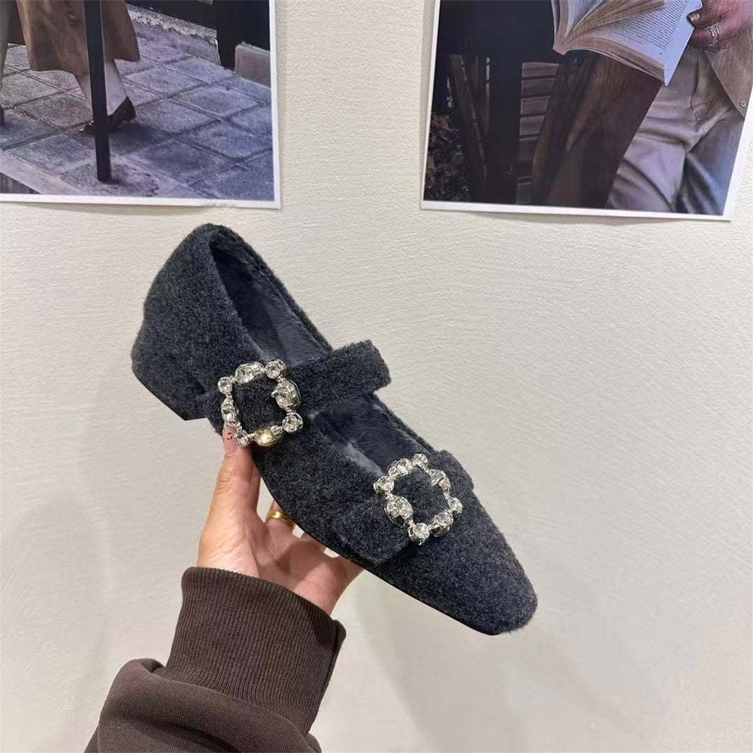 Damen elegante Filz-Mary Jane Schuhe mit schimmernden Schnallen EB