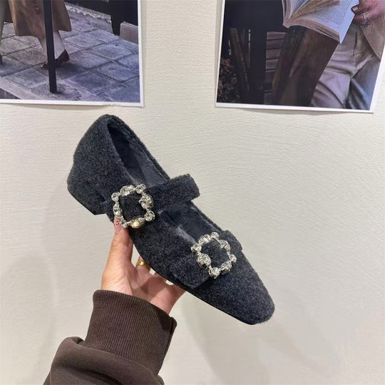 Damen elegante Filz-Mary Jane Schuhe mit schimmernden Schnallen EB