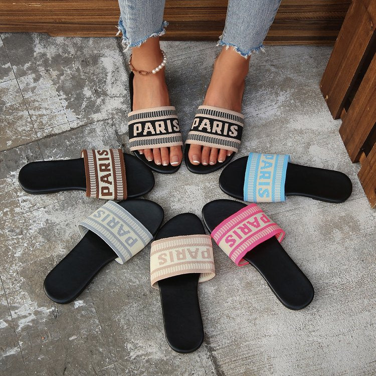 Damen Stylish Slide-Sandalen mit modischem Schriftzug EB