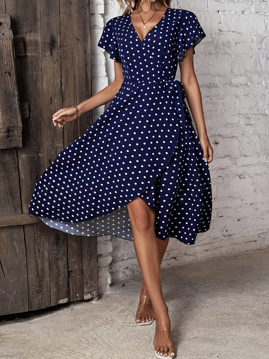 Damen Wickelkleid mit Punktmuster und charmanten Rüschendetails EB