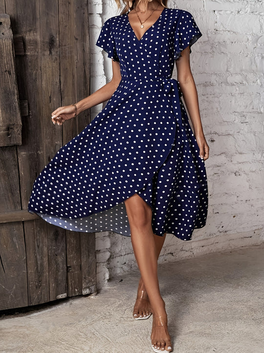 Damen Wickelkleid mit Punktmuster und charmanten Rüschendetails EB