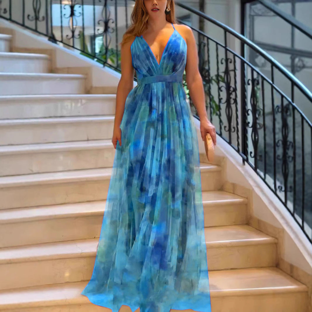 Damen Elegantes Maxikleid mit tiefem V-Ausschnitt und luftigen Stoffschichten EB
