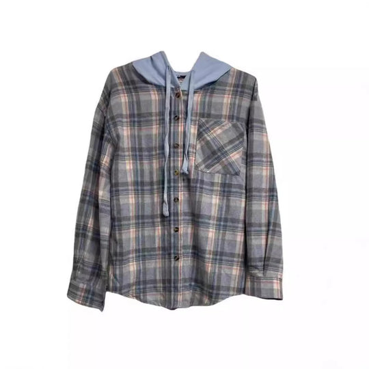 Damen nostalgische Karobluse mit Kapuze und Knopfverschluss EB
