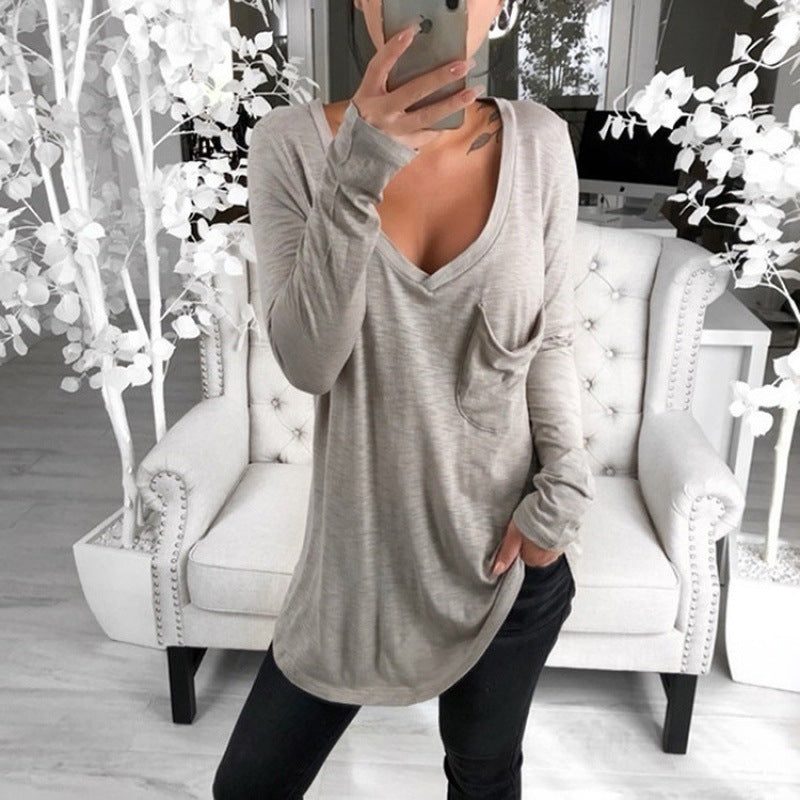 Damen Lässige Oversize Tunika mit V‑Ausschnitt, Brusttasche und verlängertem Saum EB