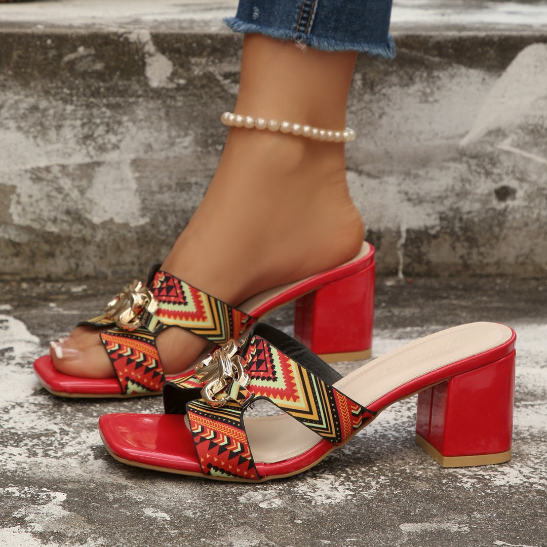 Damen Elegante Blockabsatzsandalen mit geschmackvollem Muster und modischem Riemendesign EB