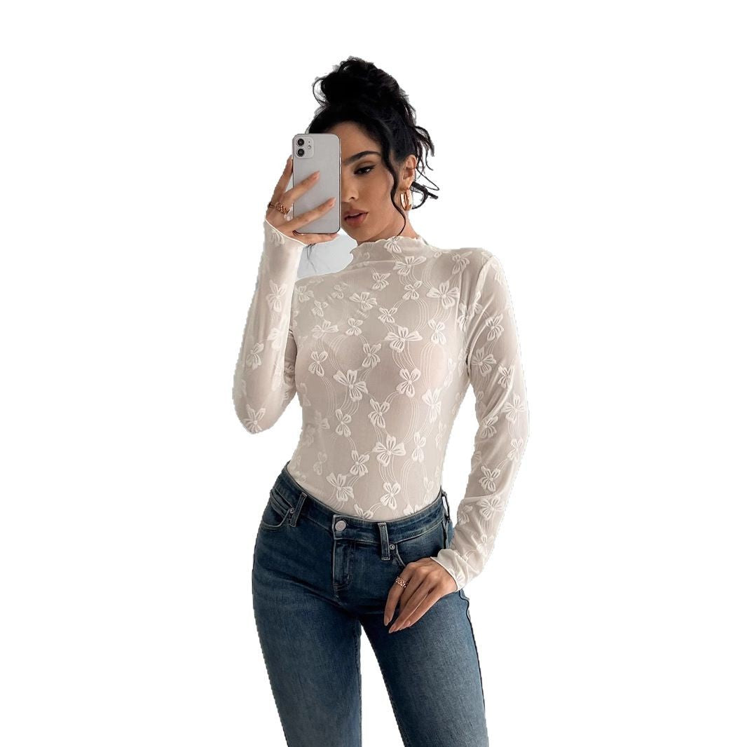 Damen transparenter Bodysuit mit elegantem Blumenmuster und hohem Kragen EB