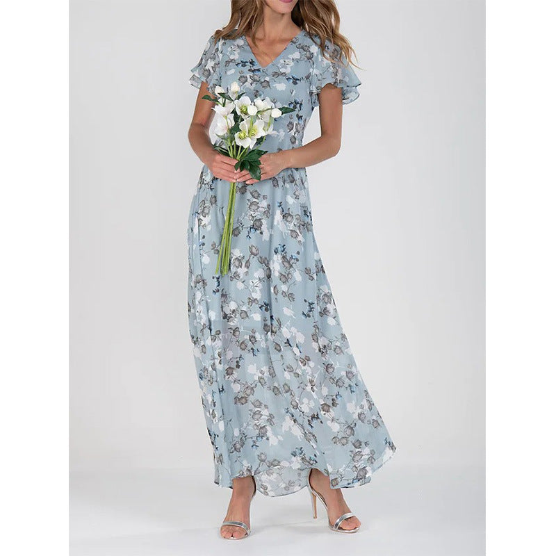 Damen Maxikleid mit floralem Chiffon-Stoff und transparenten Ärmeln EB