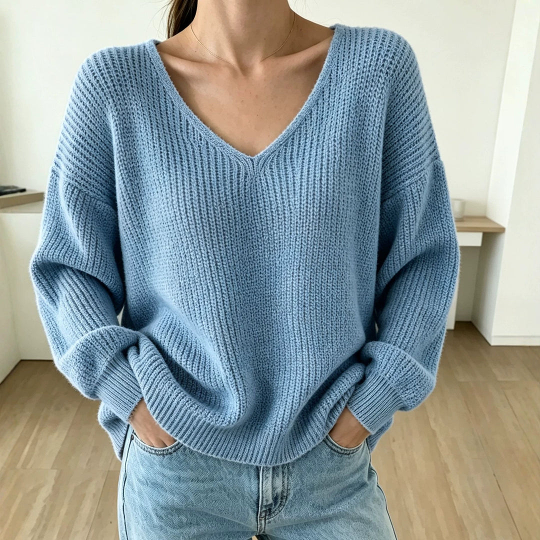 Damen Lässiger Boxy-Grobstrickpullover mit V-Ausschnitt und gerippten Bündchen EB