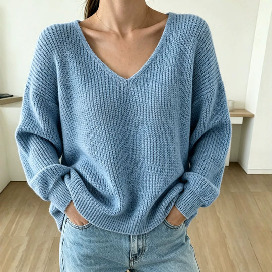 Damen Lässiger Boxy-Grobstrickpullover mit V-Ausschnitt und gerippten Bündchen EB
