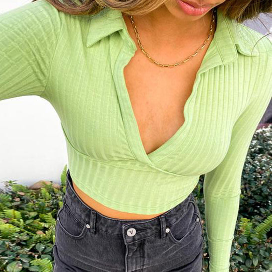 Damen lässiges Cropped Hemd mit V-Ausschnitt und Rippstruktur EB