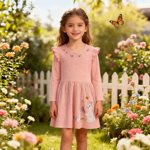 Mädchen Langarmkleid mit niedlichen Hasen- und Blumenapplikationen EB