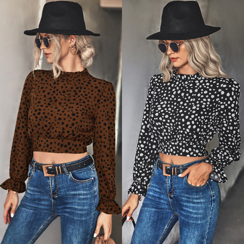 Damen Stehkragen-Blusenshirt mit Volantärmeln und Leopardenmuster EB