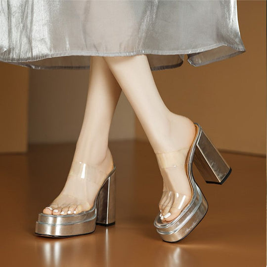 Damen elegante Plateau Mules mit transparentem Riemen EB
