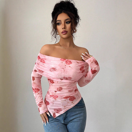 Damen nan schulterfreies gerafftes Langarm-Oberteil aus feinem Mesh mit floralem Print und taillierter Silhouette EB