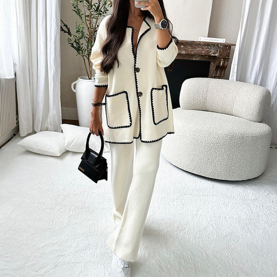 Damen elegantes Strickblazer-Set mit kontrastierenden Details EB