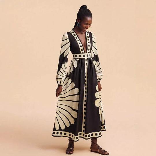 Damen Maxi-Kleid mit tiefem V-Ausschnitt und extravaganten Ärmel-Designs EB