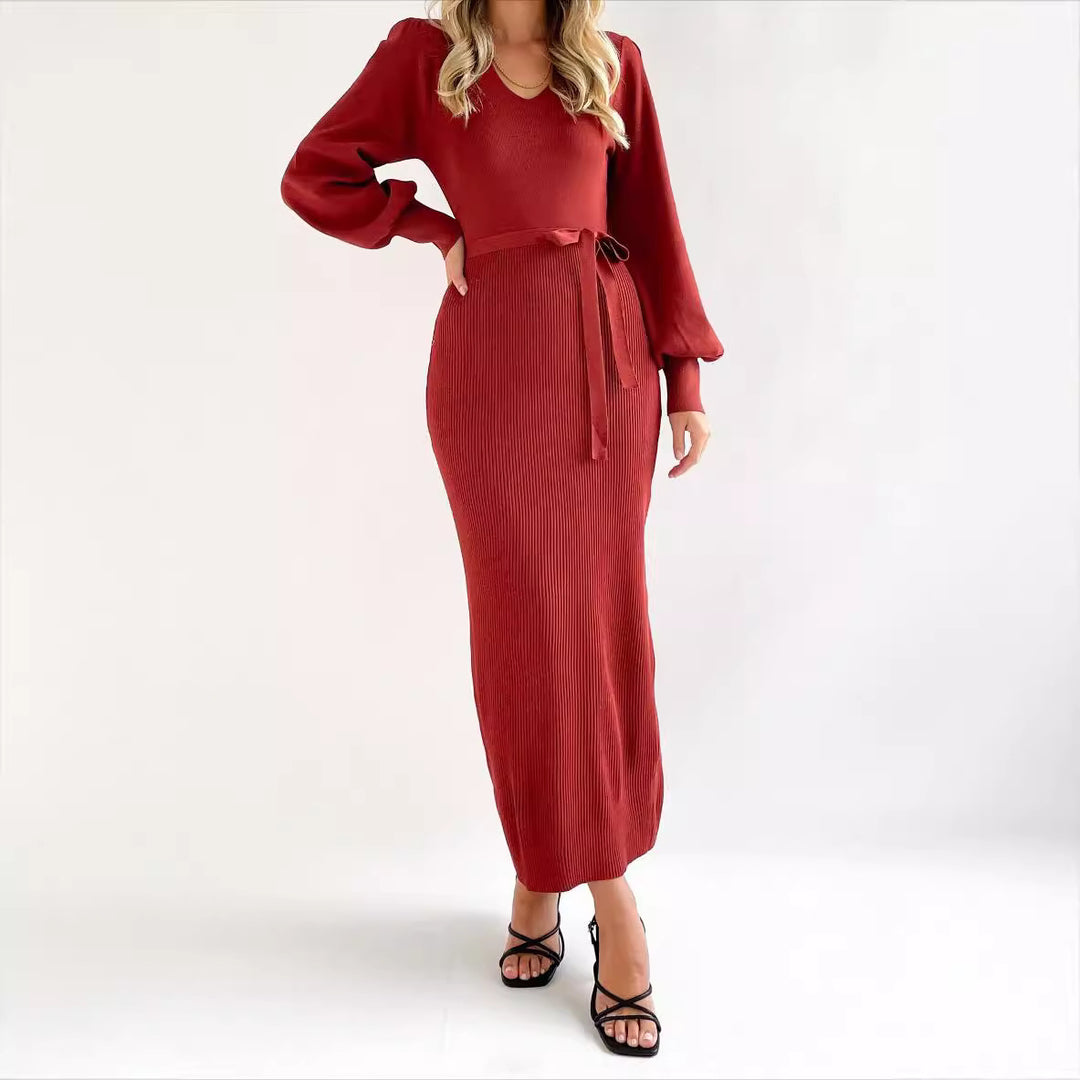 Damen elegantes Strickkleid mit Puffärmeln EB