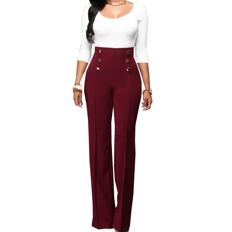 Damen Elegante High-Waist Hose mit dekorativen Knöpfen EB