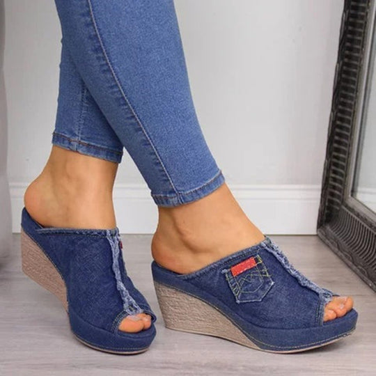 Damen Wedge-Pantoletten mit modischem Denim-Design und eleganter Applikation EB