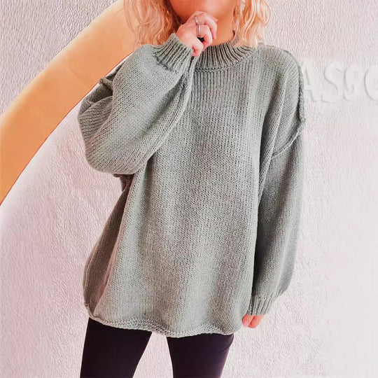 Damen lässiger Grobstrickpullover mit hohem Kragen und weitem Schnitt EB