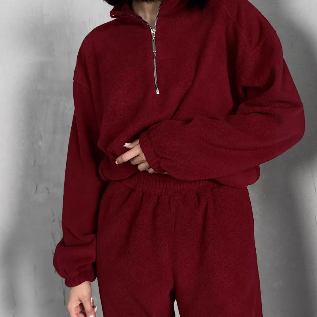 Damen lässiges Fleece-Jogginganzug Set mit Stehkragen und halbhohem Reißverschluss EB