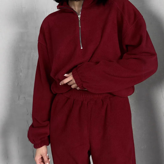 Damen lässiges Fleece-Jogginganzug Set mit Stehkragen und halbhohem Reißverschluss EB