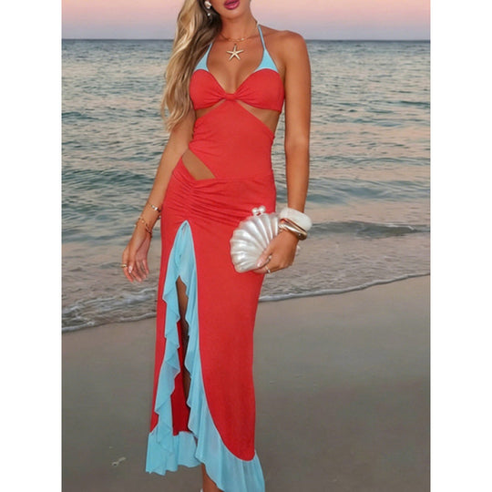Damen Maxi-Kleid mit raffiniertem Drapierungsdesign und seitlichem Schlitz EB