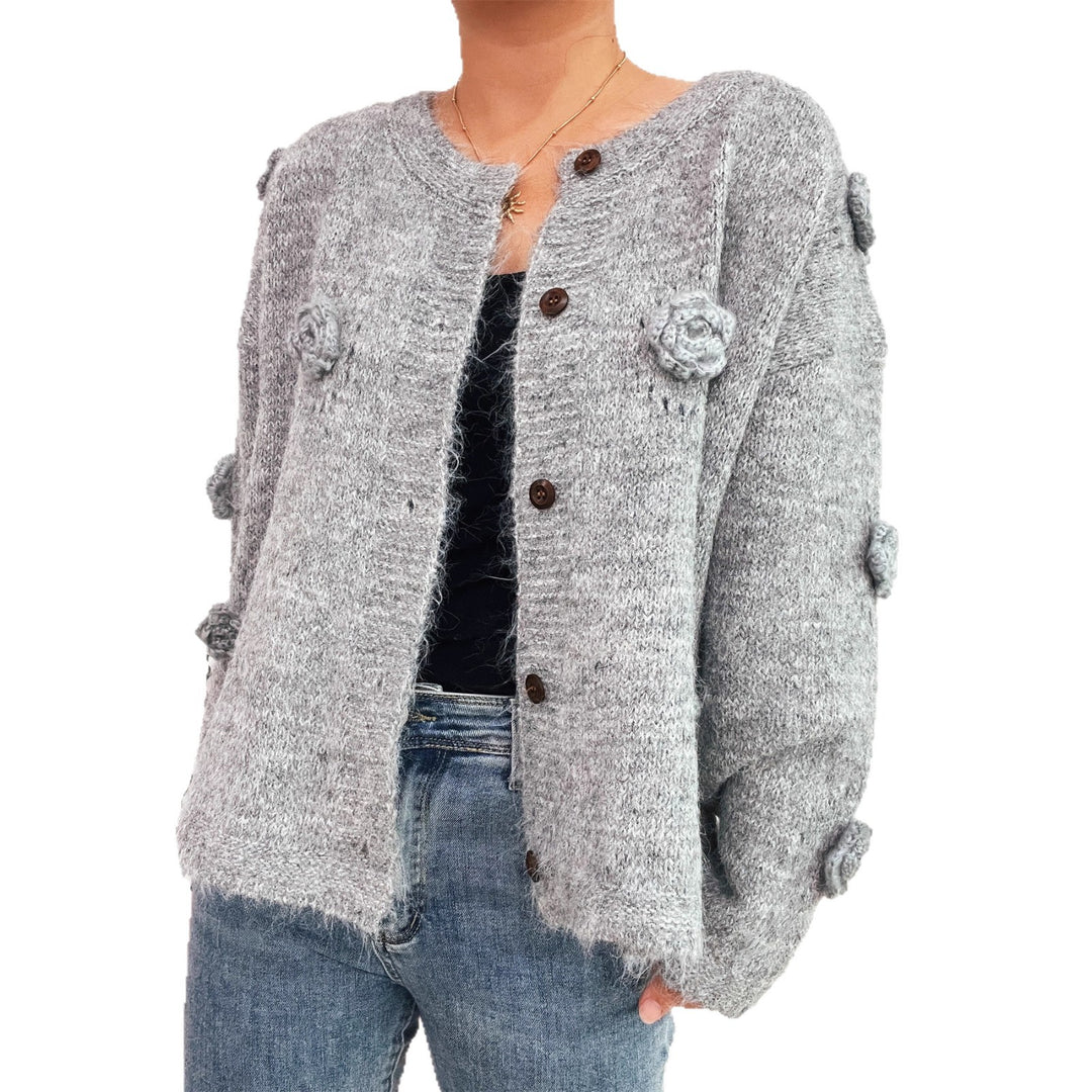 Damen Strickjacke mit floralen Applikationen und dekorativen Knöpfen EB
