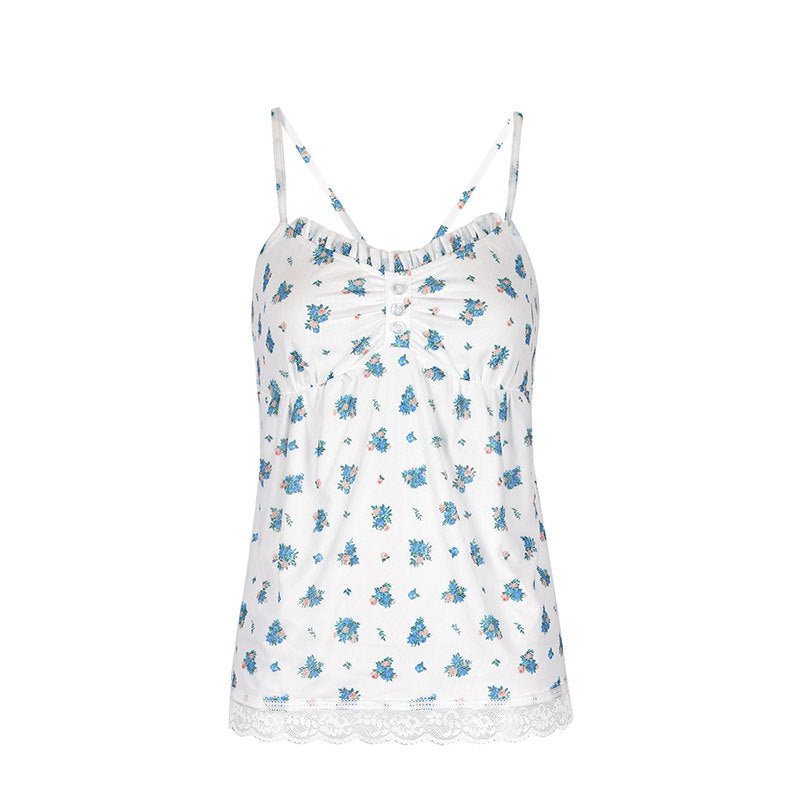 Damen Spaghetti-Träger Bluse mit floralem Muster und Spitzenbesatz EB