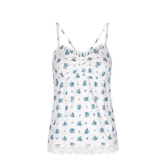 Damen Spaghetti-Träger Bluse mit floralem Muster und Spitzenbesatz EB