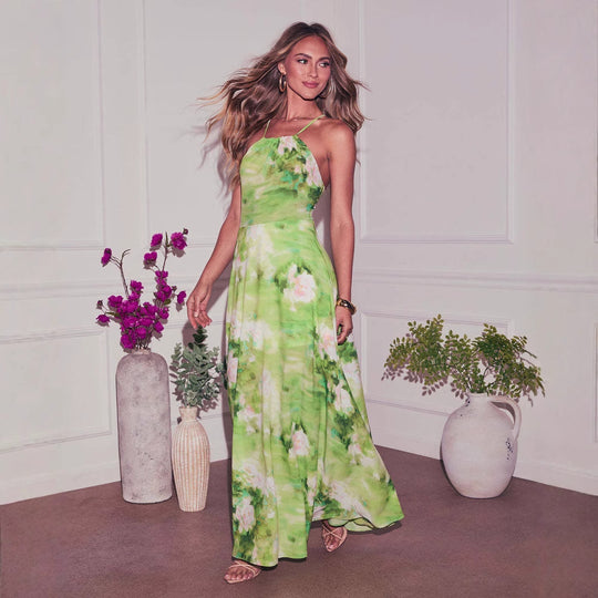 Damen Maxikleid mit eleganten Spaghetti-Trägern und romantischem Blumenmuster EB