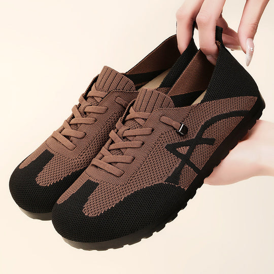 Damen nan komfortabler gestrickter Slip-On Sneaker mit elastischem Schaft, dekorativer Schnürung und flexibler rutschfester Laufsohle EB