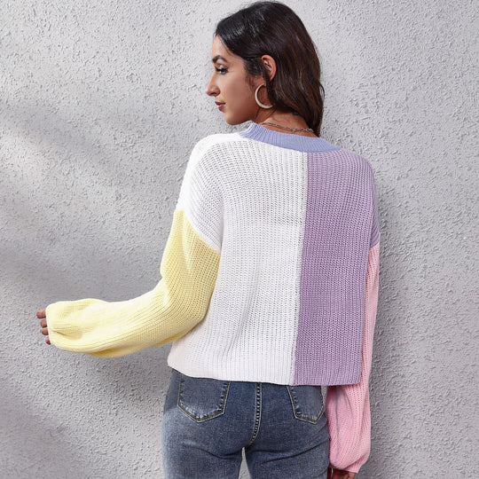 Damen Strickjacke mit buntem Farbblock-Design und weiten Ärmeln EB