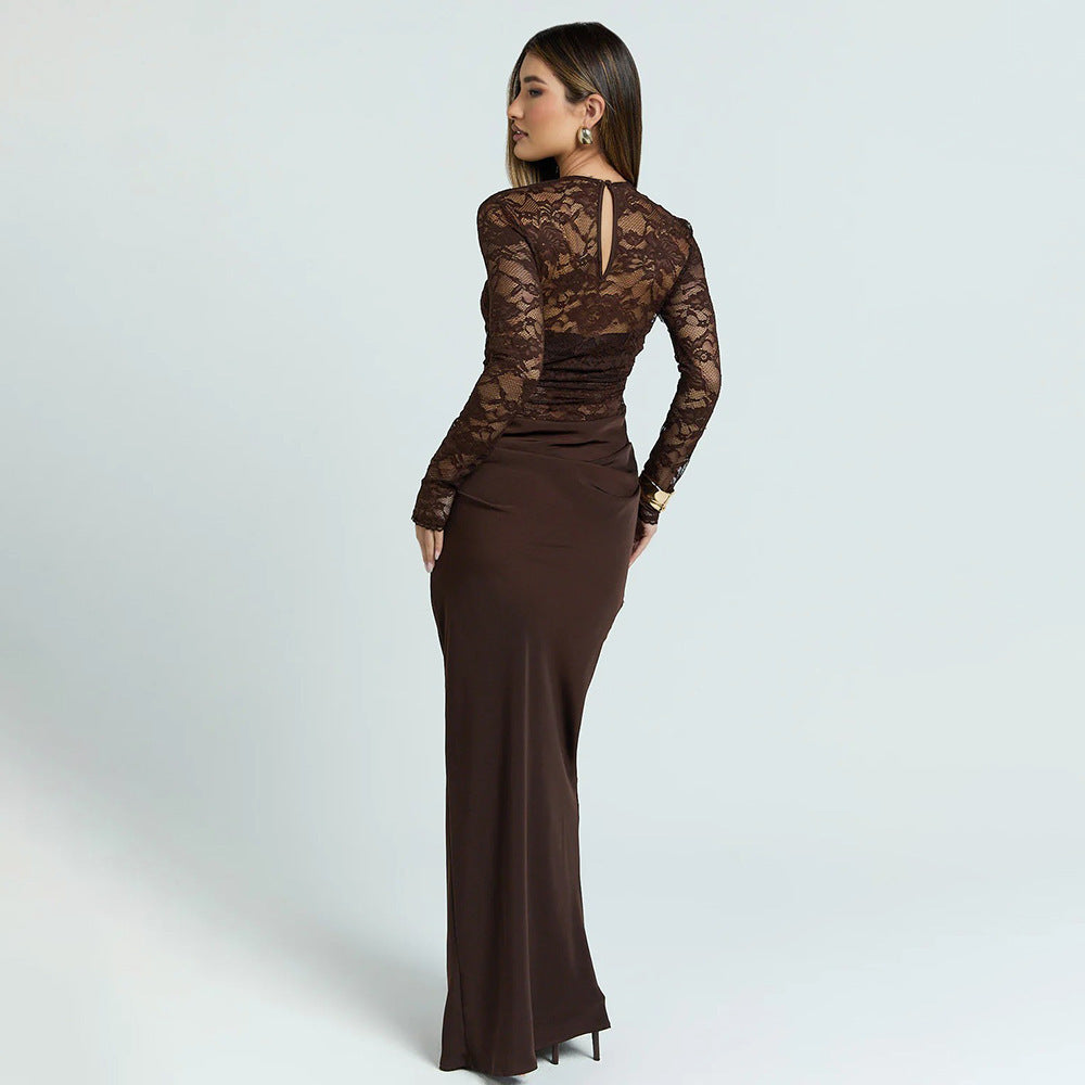 Damen Elegantes Spitzenmaxikleid mit taillierter Silhouette EB
