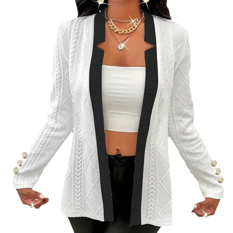 Damen Elegante Strickblazerjacke mit kontrastreichem Revers und einzigartiger Knopfdetails EB
