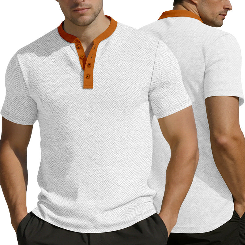 Herren nan schlankes Kurzarm-Henley-Poloshirt mit Mandarin-Kragen und feiner Jacquardstruktur EB