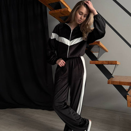Damen Plüschiges Velours-Loungewear-Set mit Reißverschlussjacke und elastischem Taillenbund EB
