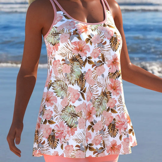 Damen Schwimmanzug in Plissee-Optik mit floralen Mustern und bequemen Shorts EB