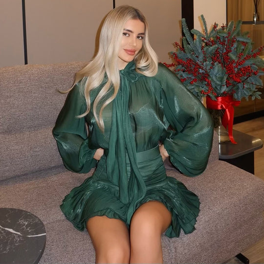 Damen luftiges Chiffon Kleid mit fließenden Ärmeln EB
