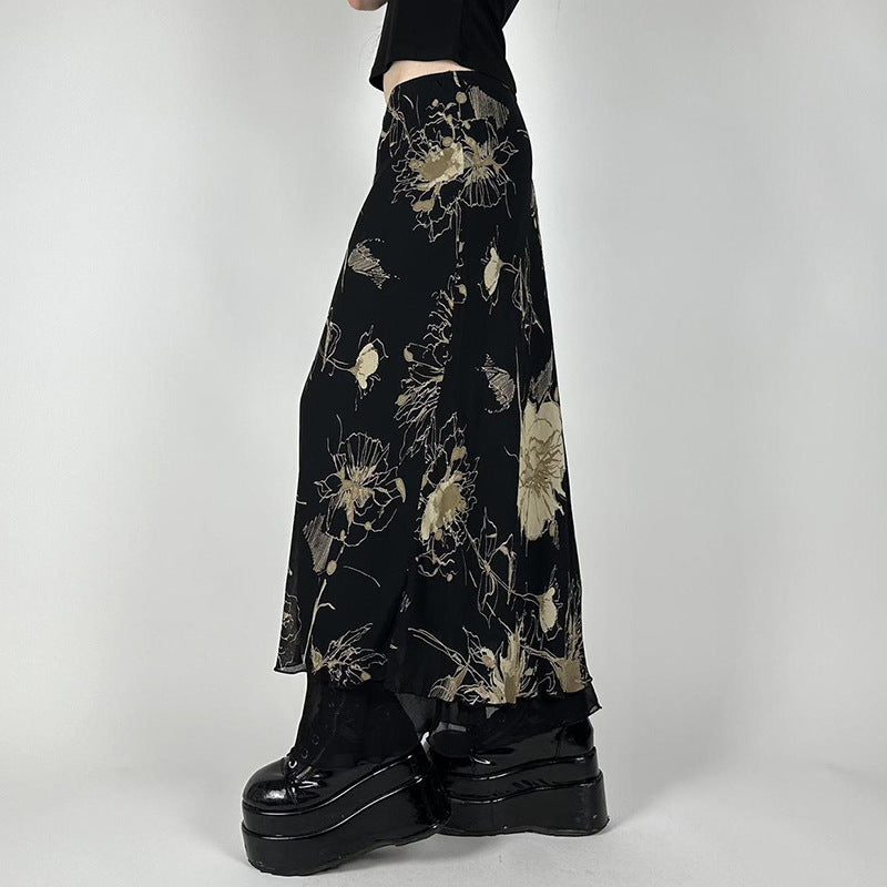 Damen Eleganter Maxirock mit floralem Muster und transparentem Untergrund EB