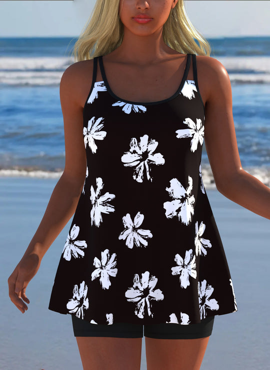 Damen Schwimmanzug in Plissee-Optik mit floralen Mustern und bequemen Shorts EB